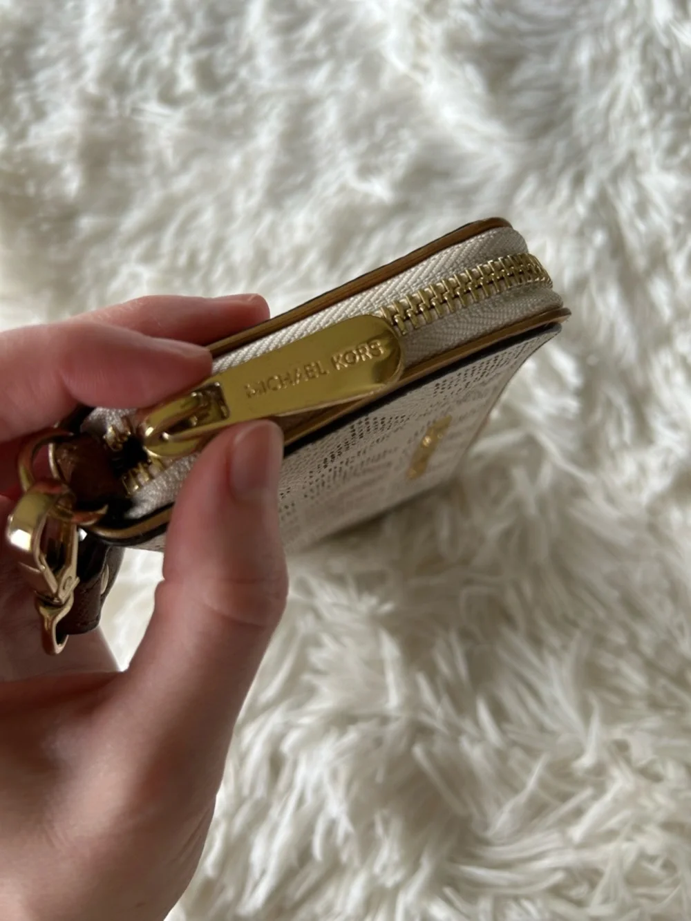 Michael Kors | Ivory/Beige Logo Wristlet with Gold Hardware